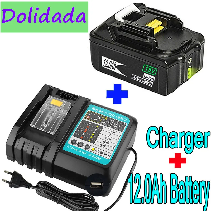 

Original 18V 12Ah Rechargeable Battery Li-Ion Battery Replacement Power Tool Battery for MAKITA BL1880 BL1860 BL1830+3A Charger