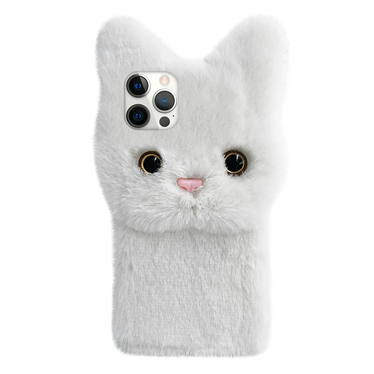 

Black Case Cute Fluffy Girly Case 12 Pro Max 3D Furry Kawaii Gift 3D Stuffed Plush Cover Women Soft Rabbit Fur Phone Shell