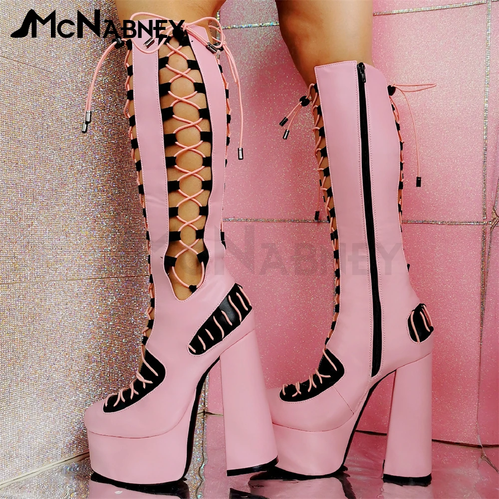 Pink and Black Mixed Color Knee Boots Lolita Style Sexy Women High Heels Platform Thick Heel Summer Boots Lace-Up Boots Sandals