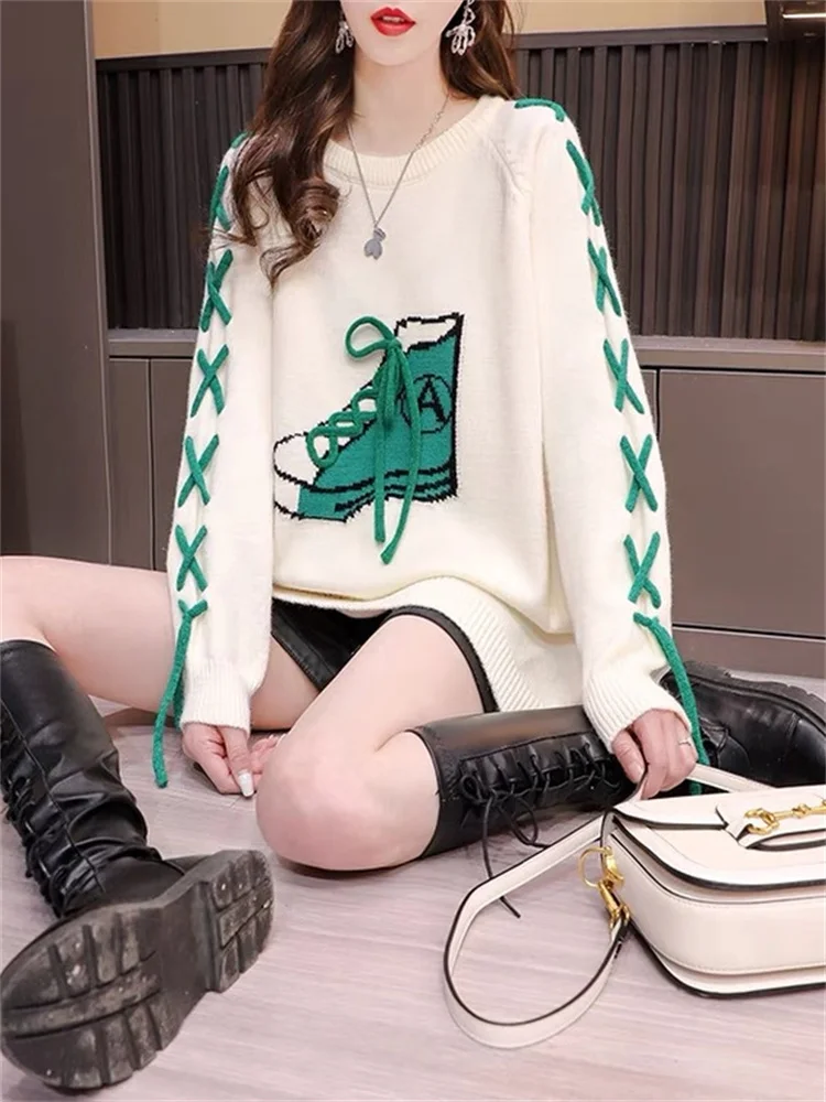 

Hsa/Новинка 2022 года; Женские свитера с героями мультфильмов и пуловеры; Длинная обувь; Вязаные джемперы с вышивкой; Свободный стиль; Шикарный свитер в стиле Харадзюку; Y2K