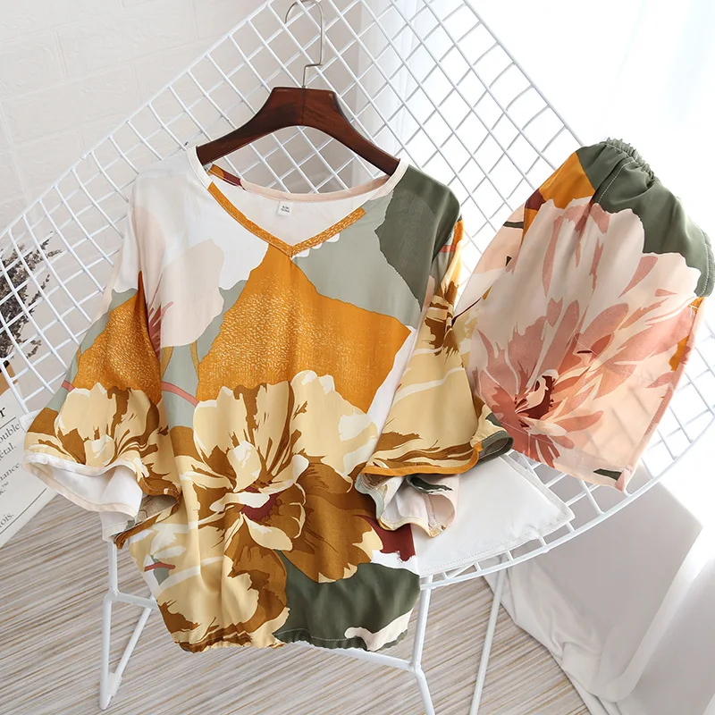 Summer Women's Home Clothes Seven Point Sleeve Sleep Tops with Shorts Two-piece Suit for Home Female Sleepwear Pijamas  Pijamas