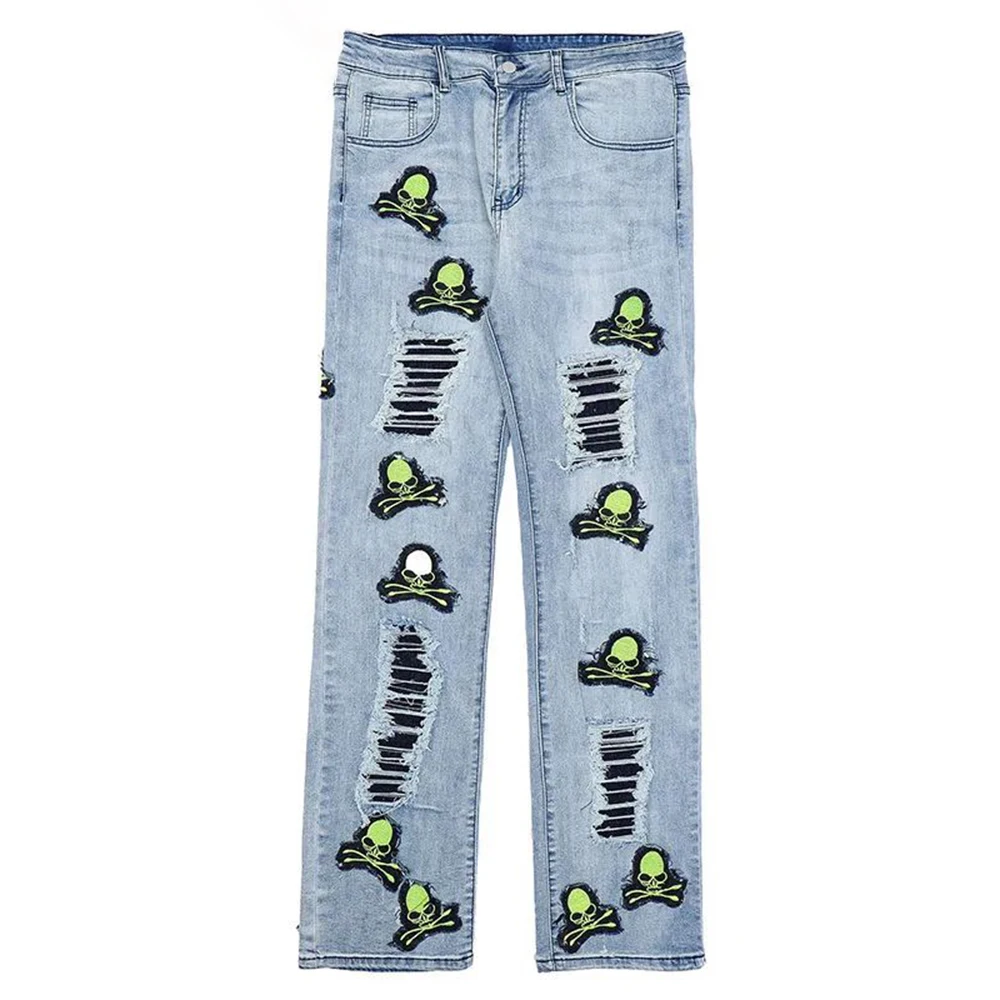 Y2K Fashion Street Style Ripped Jeans 2023 Men's Washed Skull Embroidery Design Denim Trousers Oversized Casual Loose Slim Pants