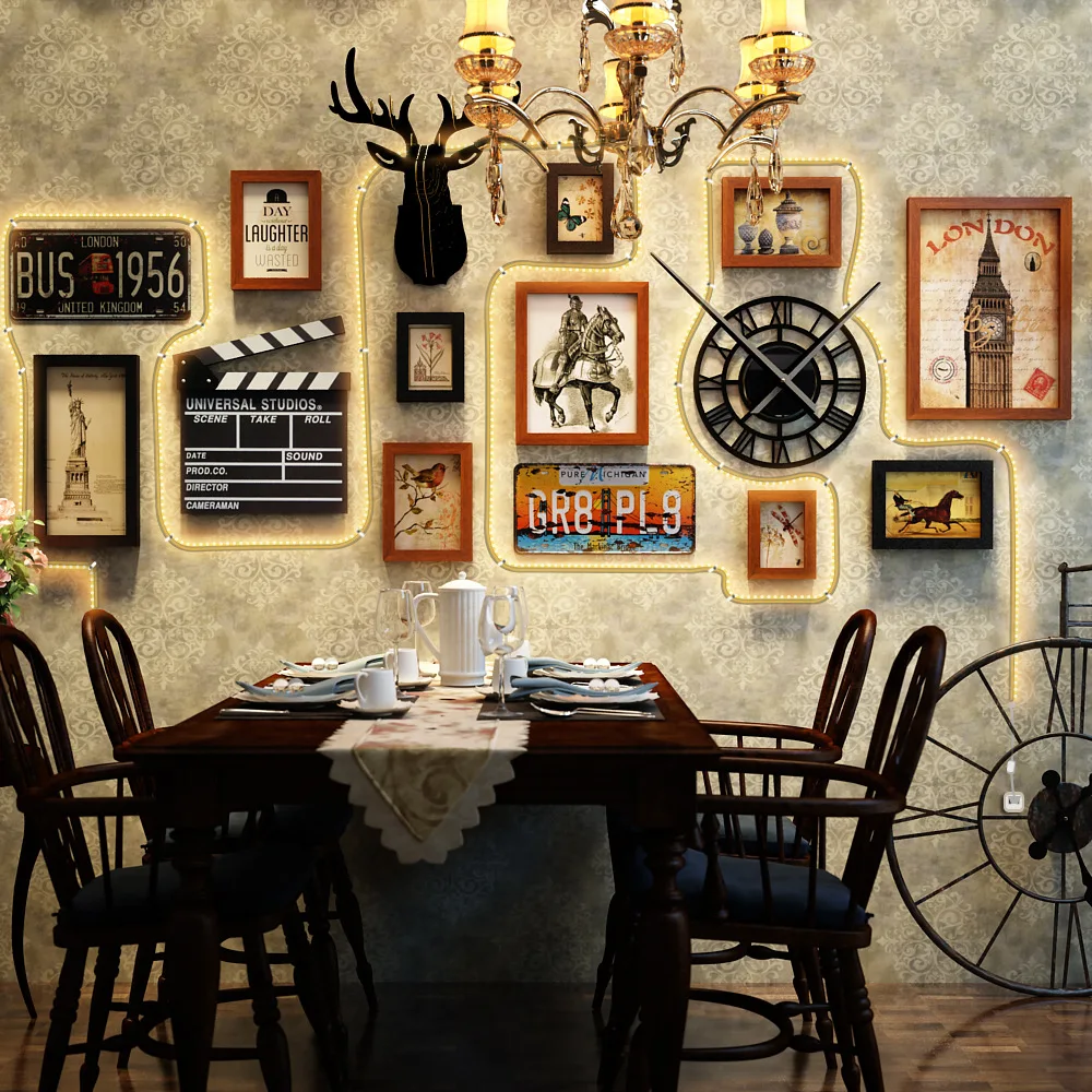 

15Pcs/Set Vintage Style Photo Frame Combination Art Deco Photo Wall Hanging Wall Decoration Poster Stand Clock Pendant Home Deco