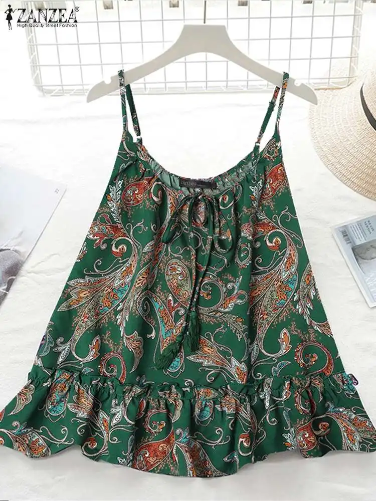 

ZANZEA Summer Women Straps Vintage Camis Party Beach Blouse Casual Ruffles Hem Shirt Chemise Bohemian Floral Printed Tanks Tops