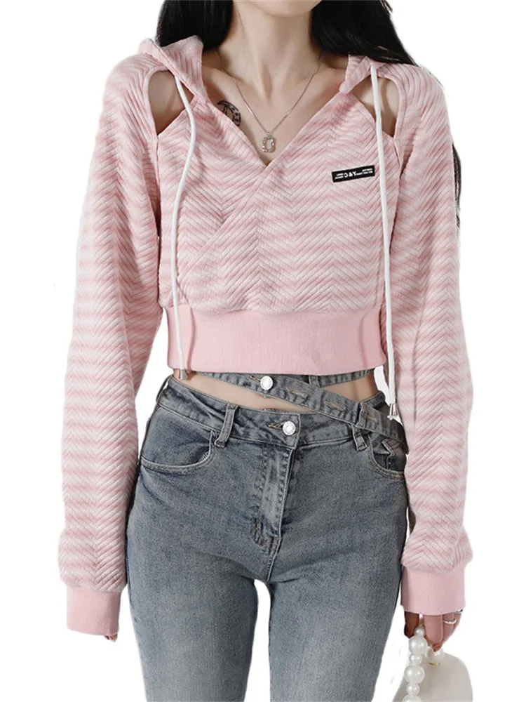 

Striped Hooded Short Sweatshirt Women Spring Slim All-match Hollow Design Niche Chic Cropped Top Fashion Trend Hoodie JD2316