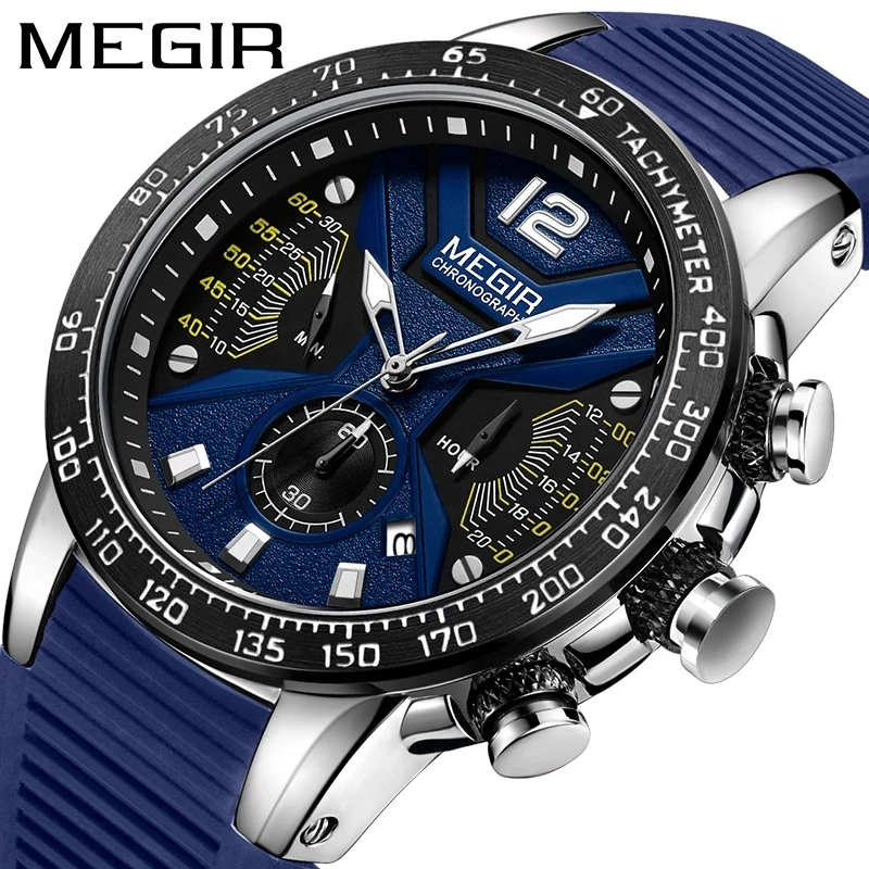 

MEGIR Blau Herren Uhren Top Brand Luxus Männlich Silikon Band Wasserdicht Sport Quarz Chronograph Militär Uhr Männer Uhr 2106G