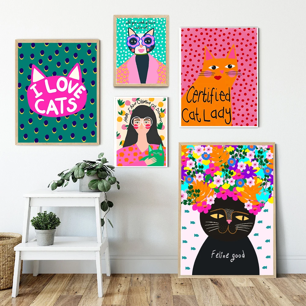 

Картина на холсте абстрактные животные мультфильм Кот и девочки плакаты печатные настенные картины для гостиной домашний декор квадраты