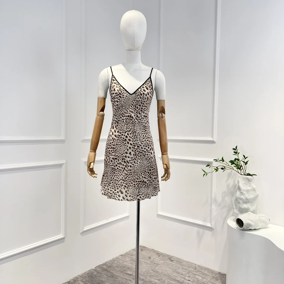 

2023 Summer New Arrival Top Quality Silk Khaki Leopard Print Slip Self-tie Sexy Slim Mini Dress for Women