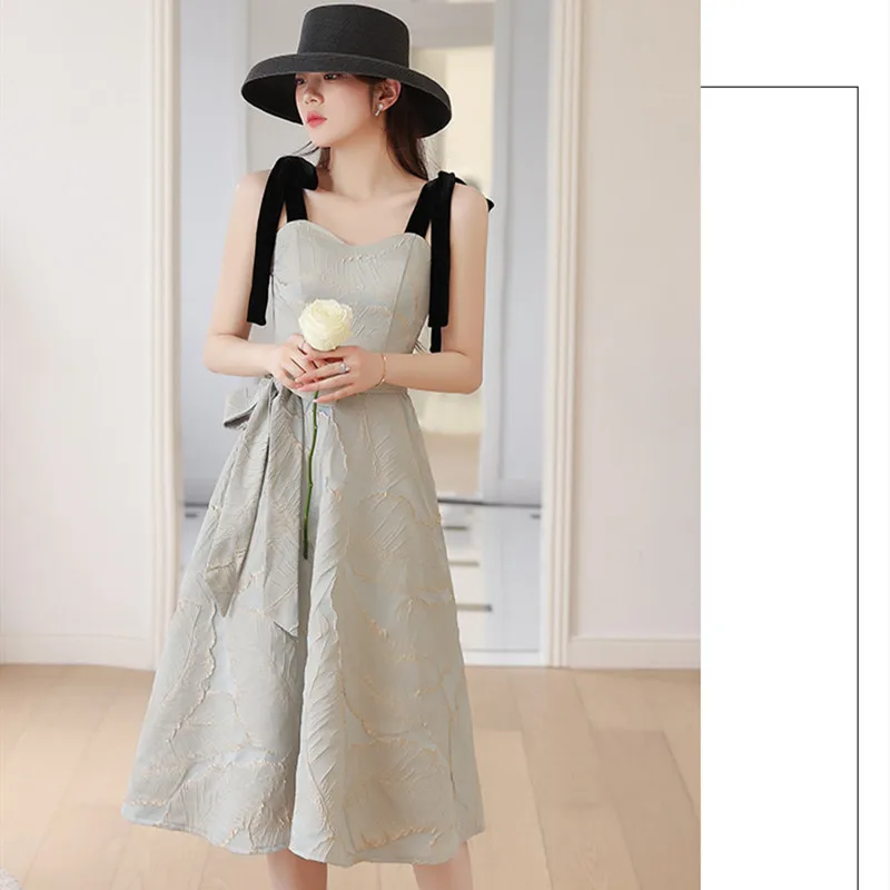 Spring Fashion Sling Sleeveless Waist Bow Belt Back Zipper A-Line Evening Dress Women Formal Gowns Robe De Soiree Cheongsam