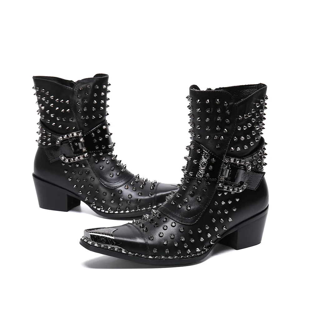 

Men Business Genuine Leather Boots Stylish Pointy Toe Rivet Decro Buckle High Top Shoes High Quality Male Martin Zipper Shoes