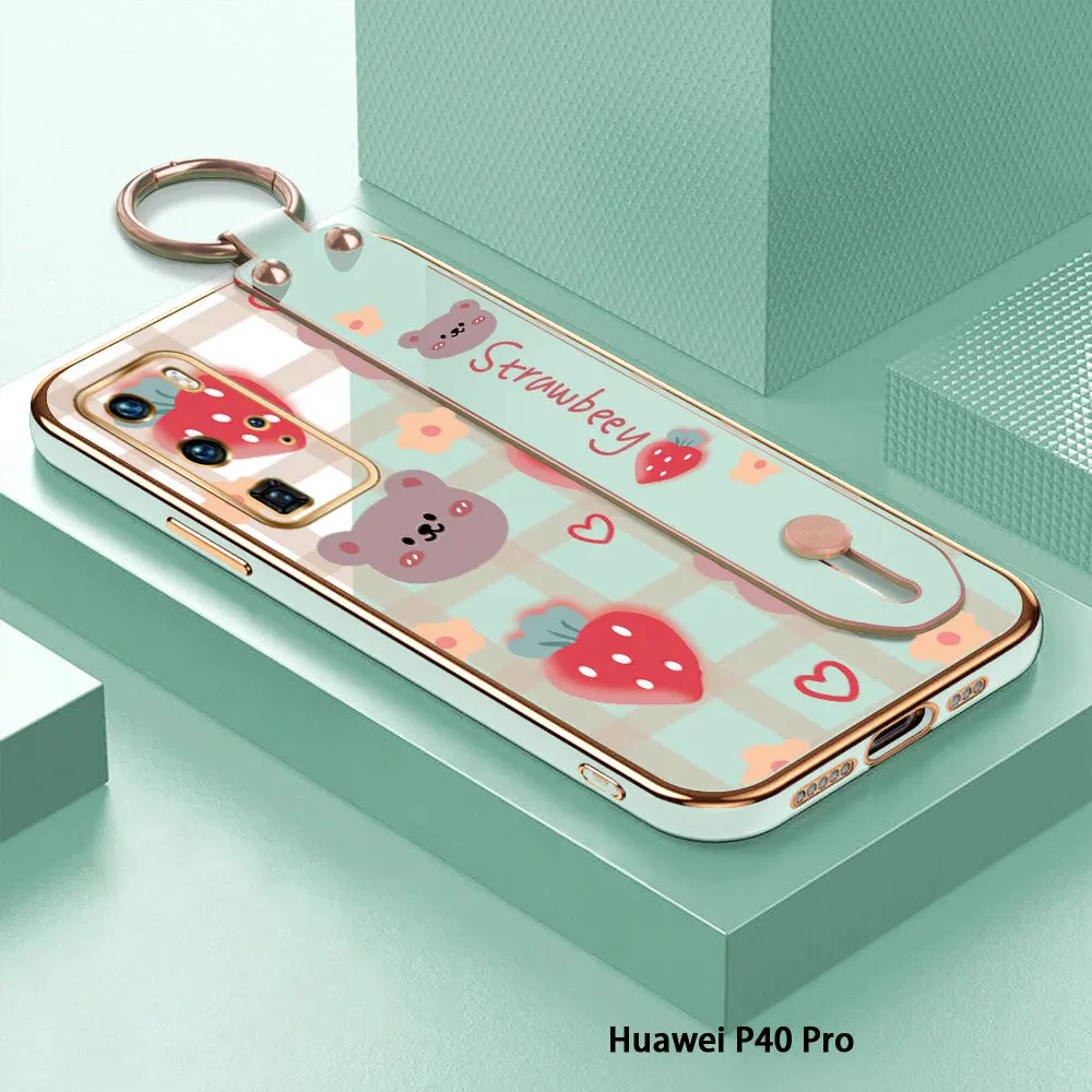 

(With Wristband) For Huawei P40 Pro P30 P20 P30 Lite Strawberry Back Cover Case Luxury Plating TPU Phone Cases