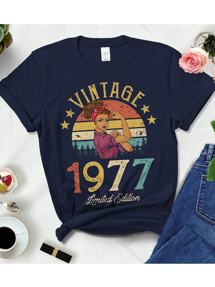 Vintage 1977 Limited Edition Black Cotton T Shirts Women Retro Summer Fashion 46th 46 Years Old Birthday Party Tshirt Ladies Top images - 6