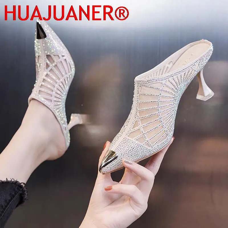 

HUAJUANER 2022 Women Mesh Slippers,Summer High Heels Rhinestone Slides,Sequince Cloth Shoes,Pointed Toe,Black,Beige,Dropship