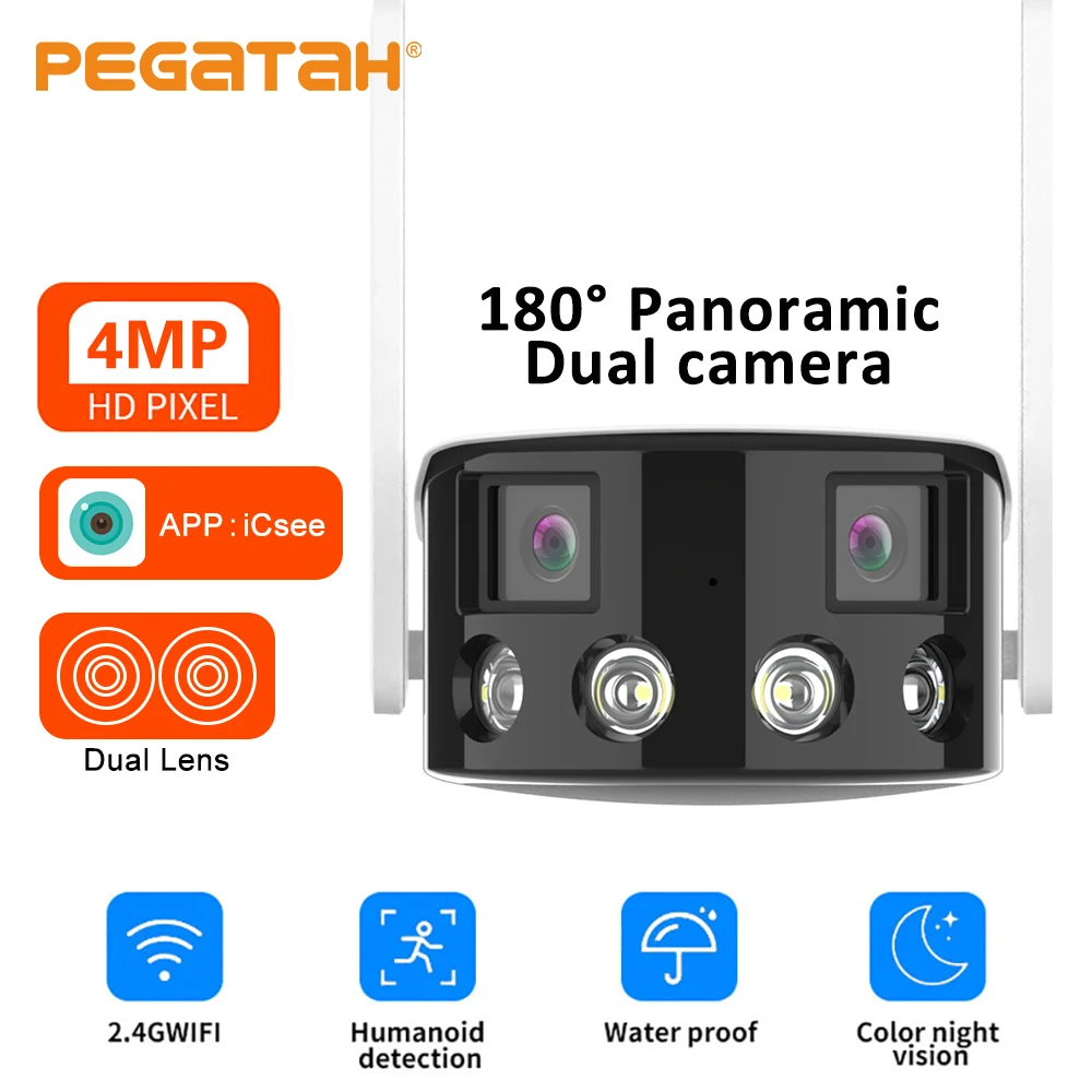 

PEGATAH 4MP Dual Lens IP Camera Outdoor Ultra Wide Angle 180° Panoramic Surveillance Cam Human Detection Wifi IP Cameras