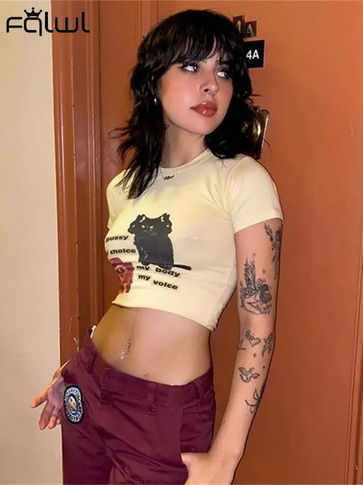 

FQLWL Summer Sexy T Shirts Women 2022 Print Casual Short Sleeve O Neck Tee Shirts Party Yellow Letter Geometric Loose Top Female