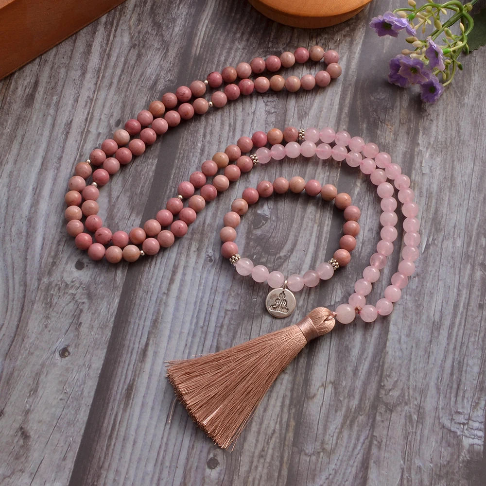 

8mm Rhodochrosite Rose Quartz Beads 108 Mala Necklace Meditation Prayer Jewelry Japamala Rosary with Bracelet for Women