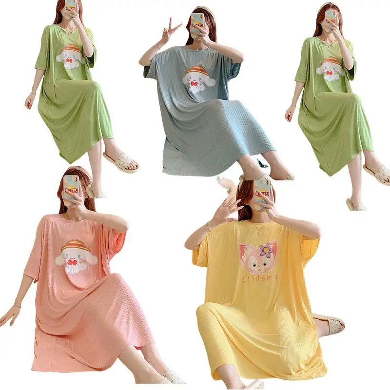 

Kawaii Sanrios cinnamoroll melody cartoon summer Loose plus size Short sleeve long Nightdress friend Christmas birthday Gift