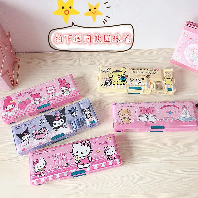 

Mymelody Kuromi Kitty Sanrios Double Open Stationery Box Cute Student Pen Box Creative Anime Cartoon School Supplies Storage Box