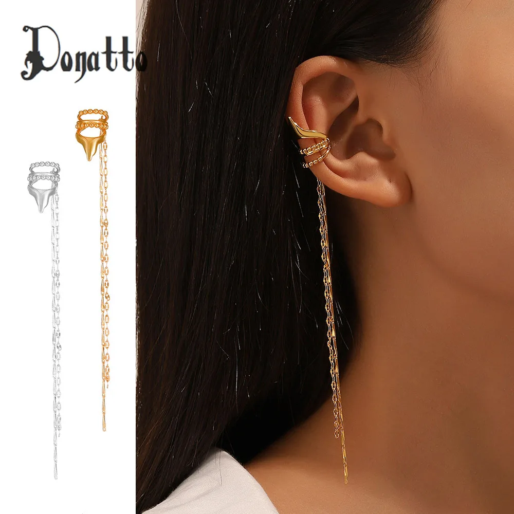 

DONATTO 1 PC Gold Color Long Tassel Ear Cuffs Non-perforated Elf Ears Clip Earrings For Women Men Fake Cartilage Earring Jewelry