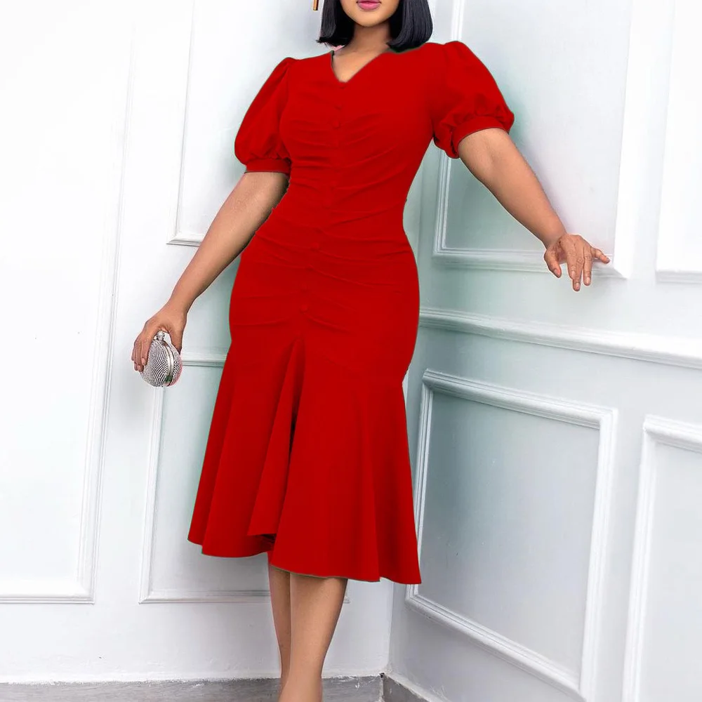 

Женское офисное платье-русалка, элегантное облегающее платье до середины икры с V-образным вырезом и коротким рукавом, офисная одежда на пуговицах, одежда для работы и офиса