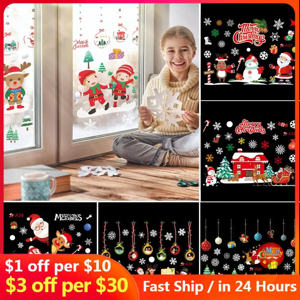 

Рождественская наклейка на окно наклейки с Санта-Клаусом и снежинками зимние Наклейки на стены для детской комнаты новогодние и рождествен...