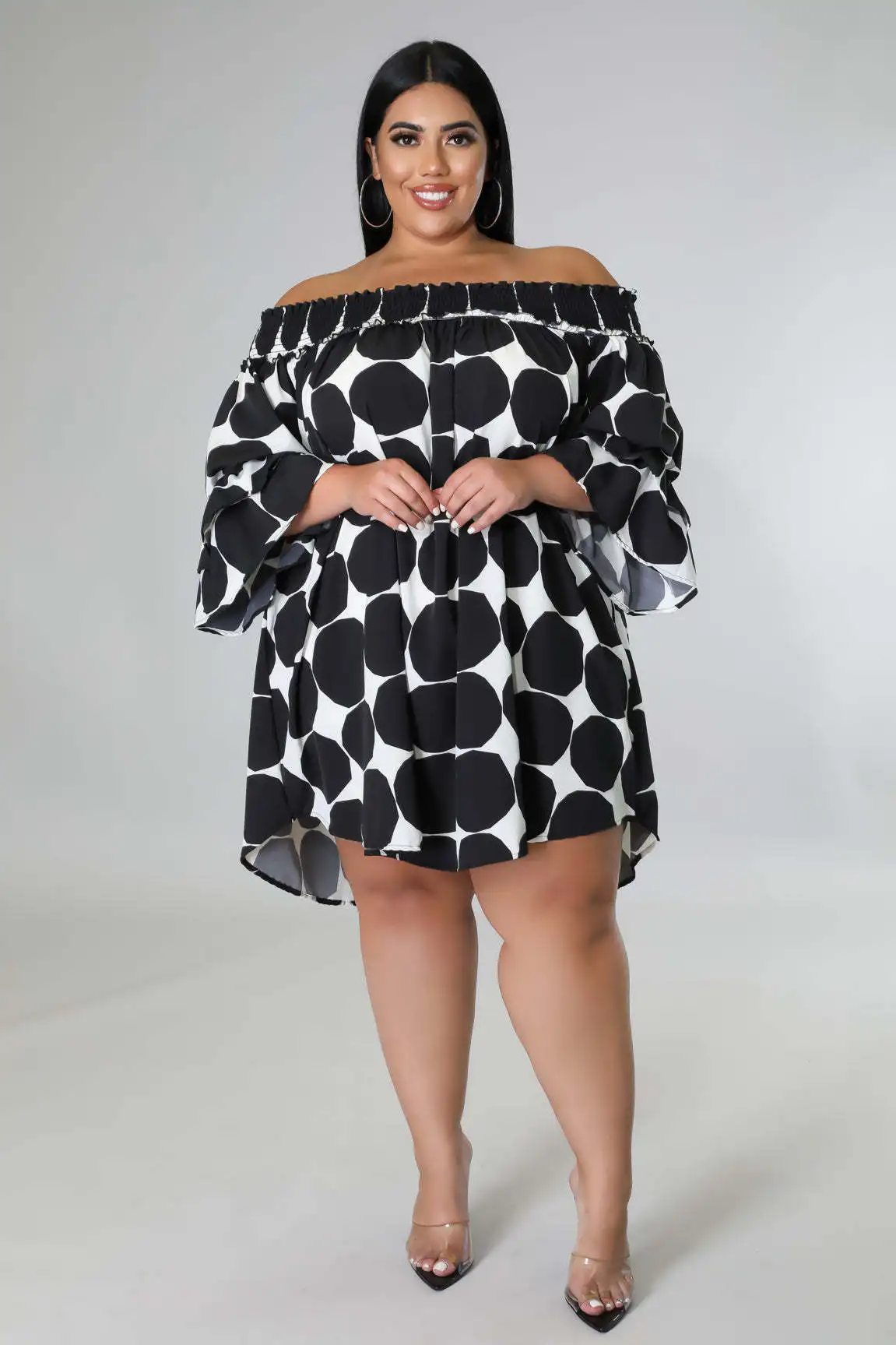 Plus Size Dresses Dot Slash Neck Mini Skirt Casual  Above Knee Mini Flare Sleeve Party Dresses Dresses for Women 2022 All Season
