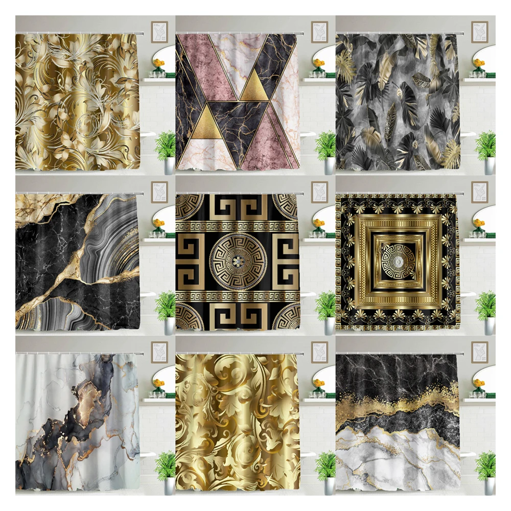 

Luxury Black Gold Shower Bathroom Curtain Waterproof Fabric Modern Marble Bath Toilet Door Curtains Home Decor Cortinas De ducha