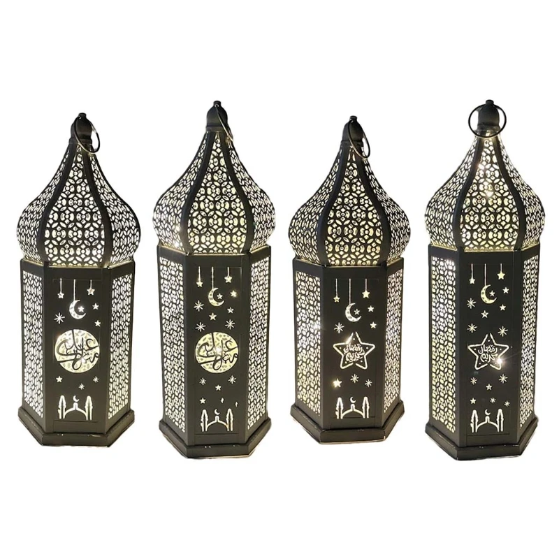 

Eid Wind Lantern Wrought Iron Small Night Light with Hanging Ring Moon Star Led Lamp for Home Bedroom Garden Outdoor Decoration