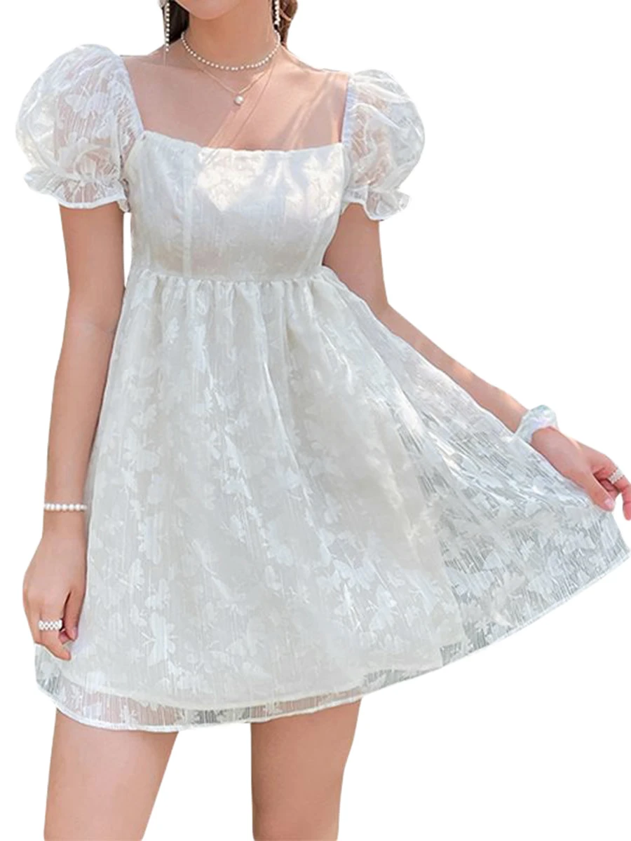 

Женское Короткое платье-трапеция, однотонное жаккардовое платье мини с пышными короткими рукавами и открытыми плечами, с бабочкой, Лето s