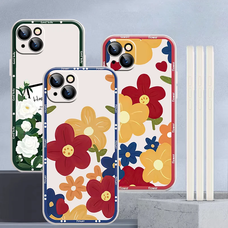 

Colored Cute Flower Petals Phone Case For iPhone 13 12 11 Pro Max Mini X XR XS Max 6 6S 7 8 Plus White Coque Funda Black Soft