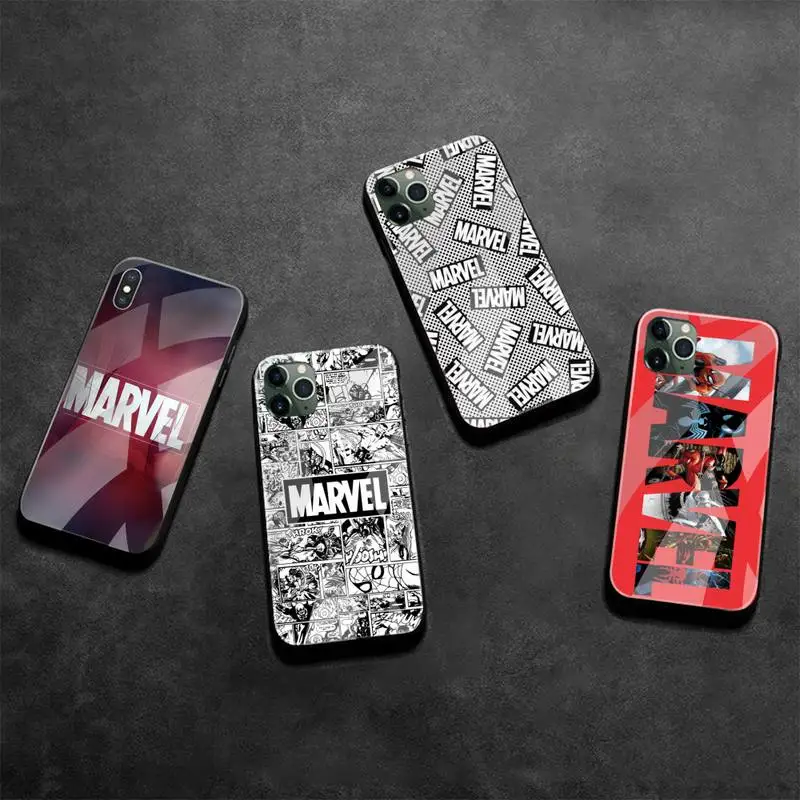 

Marvel Logo Avengers Heros Phone Case Tempered Glass For iPhone 13 12 Mini 11 Pro XR XS MAX 8 X 7 Plus SE 2020 cover