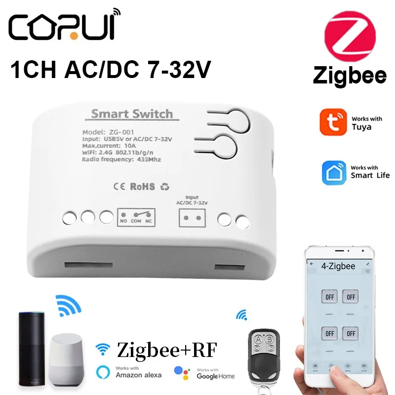 

CORUI Tuya Zigbee Garage Door Receiver 1CH RF Smart Switch 7-32V AC DC Relay Interlock 10A Remote Control Tuya 433 Light Switch