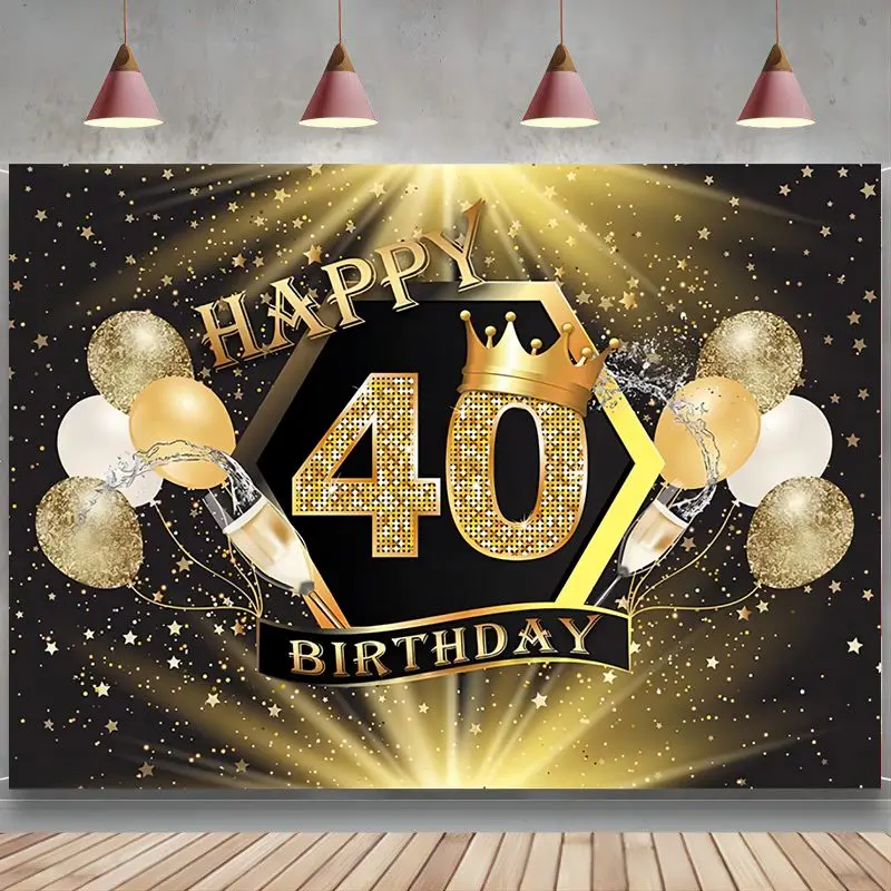 

Фон для фотосъемки с 40-летним днем рождения, баннер для женщин и мужчин, черный и золотой фон, блестящие золотые воздушные шары, фото украшения
