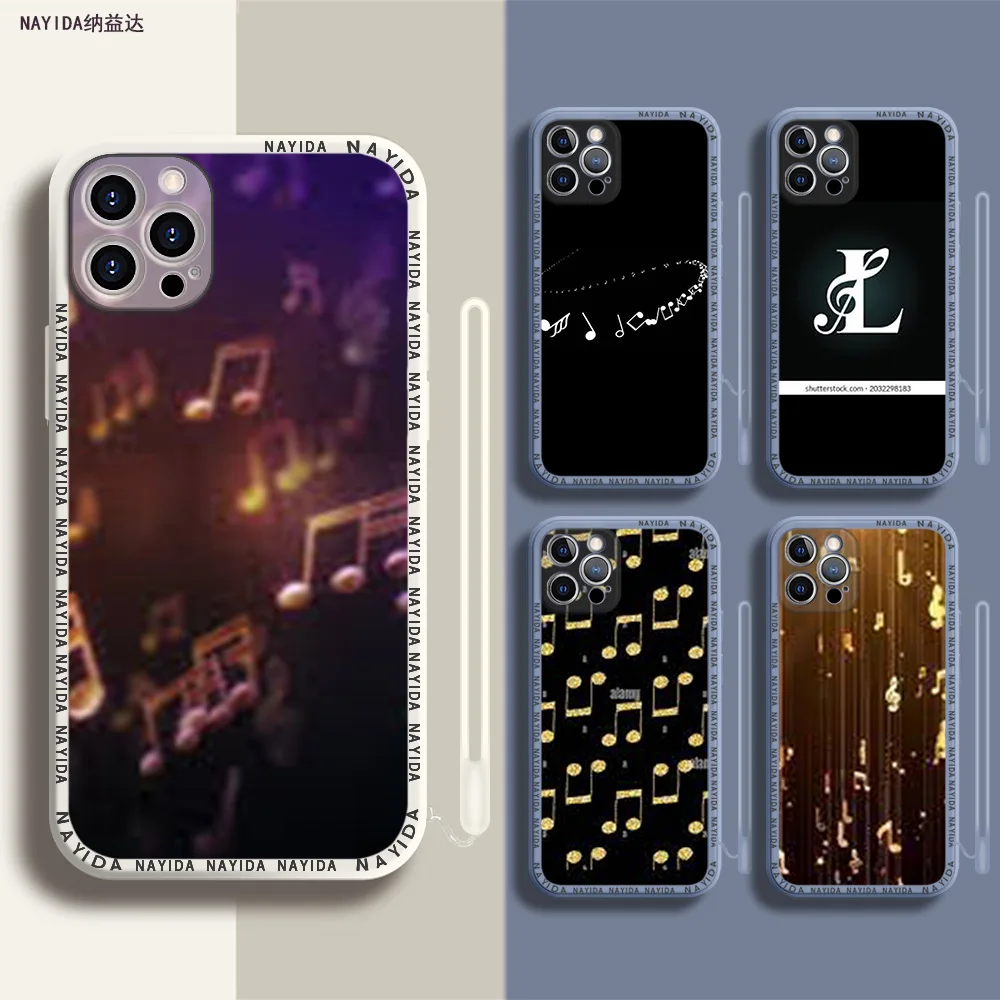 

Soft Silicone Phone Case For iPhone 14 13 11 12 Mini Pro Max XS XR X Blue Lanyard Cover Music Note Luxury