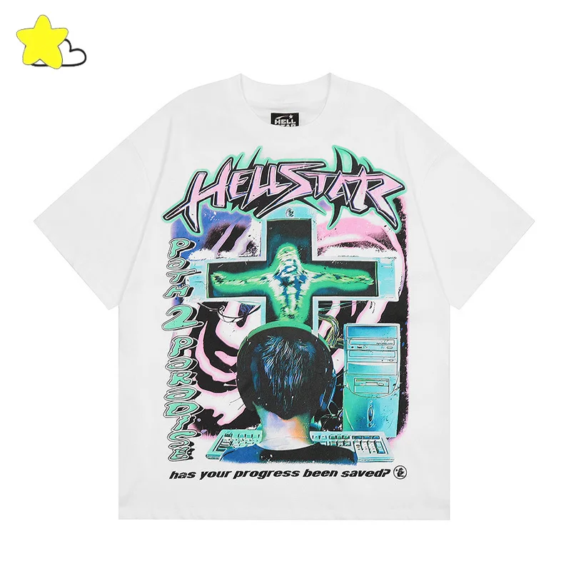 

Футболка 24SS в стиле Хай-стрит, белая, оверсайз, с принтом Hellstar, для мужчин и женщин, Высококачественная футболка в стиле хип-хоп с графическим принтом