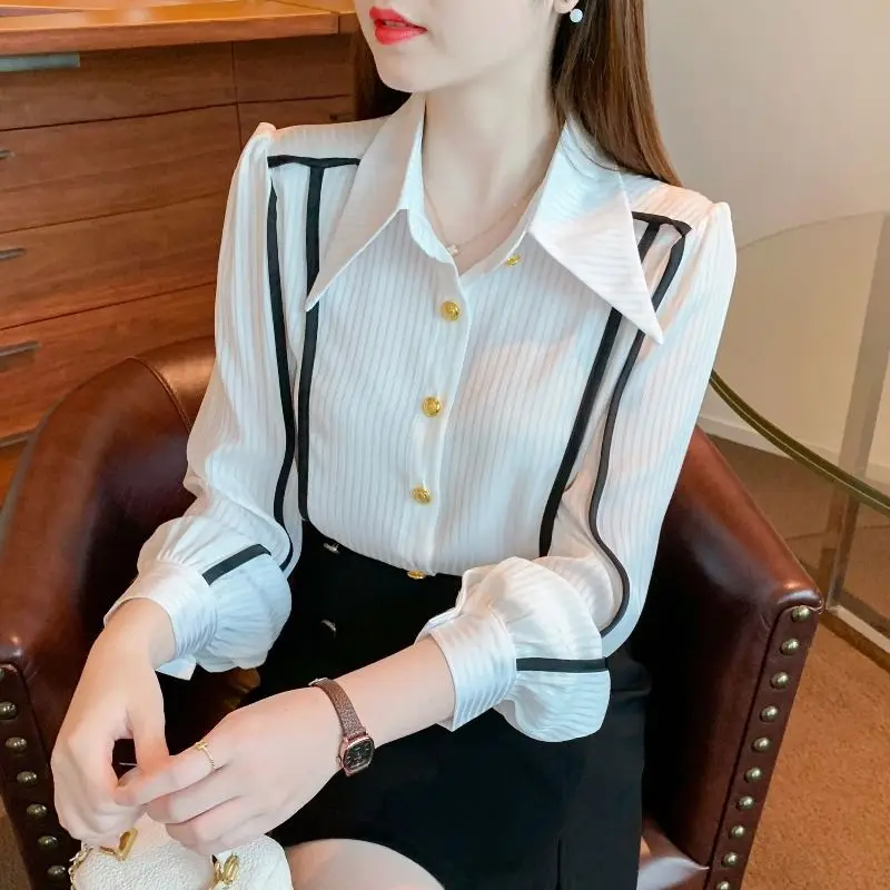 Polo Collar Color Contrast Lantern Sleeve Striped Shirt Tops Spring New Plus Size Loose Blouse Elegant Fashion Women Clothing