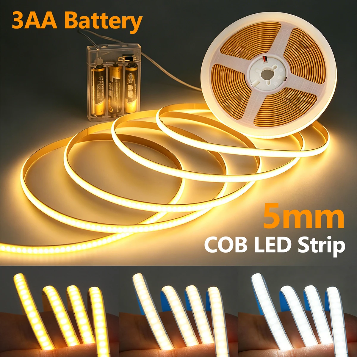Фото Светодиодная лента COB 5В, 5мм/8мм, на плате PCB, с батарейным отсеком на 3xAA, 320 светодиодов, белая, теплая, красная, синяя, гибкая, яркая, для дома, шкафов, ТВ, фонового освещения, декора №5