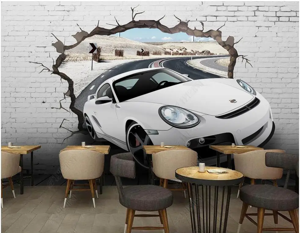 

Настенные 3d фотообои на заказ, Белый спортивный автомобиль, сломается на стену в пригороде, домашний декор, обои для стен, гостиной