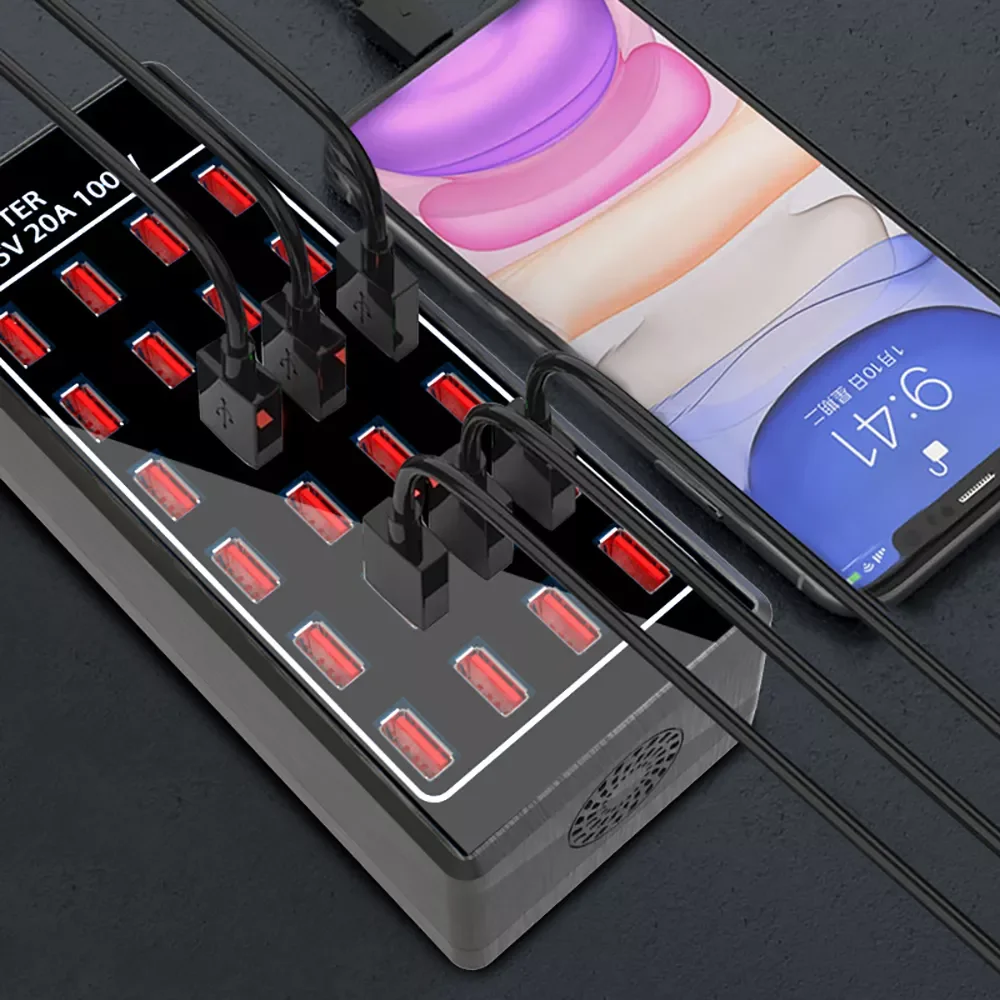 

2023 100W 24 Ports USB Charger Dock Station Power Adapter 5V 20A USB Mobile Phone Fast Charging USB Hub Multi-Port Power Adapter