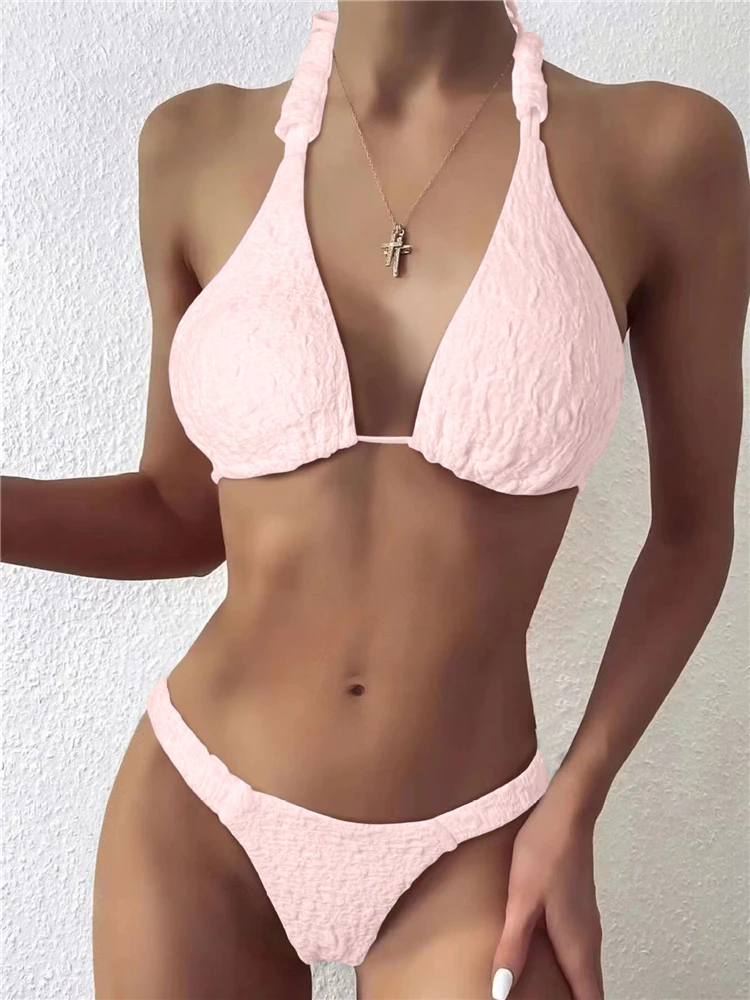 

Sexy Bikini Set Cute Solid Plain Ring Linked Spaghetti Strap Triangle Thong Biquini Swimsuit Swimwear Women Bathing Suit B924