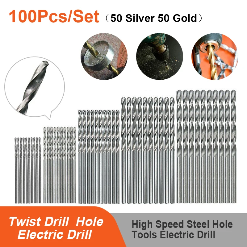

100 Pcs/set Titanium Coated HSS Hole Twist Drill Hole Electric Drill Hole Opener Woodworking Metal Plastic Tools Electric Drill