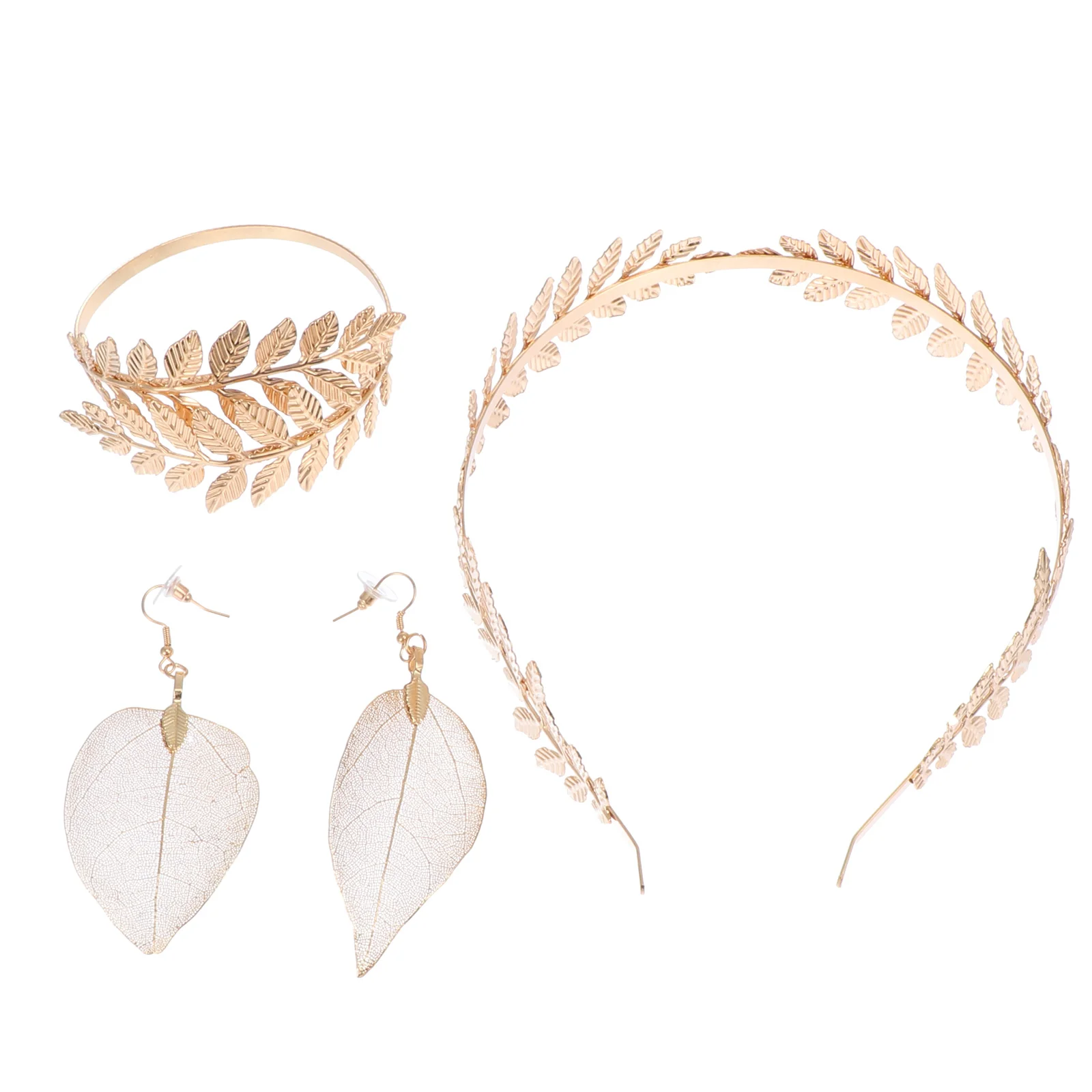 1Set Leaf Crown Headdress Armlet Earrings Bridal Jewelry Accessories Golden |
