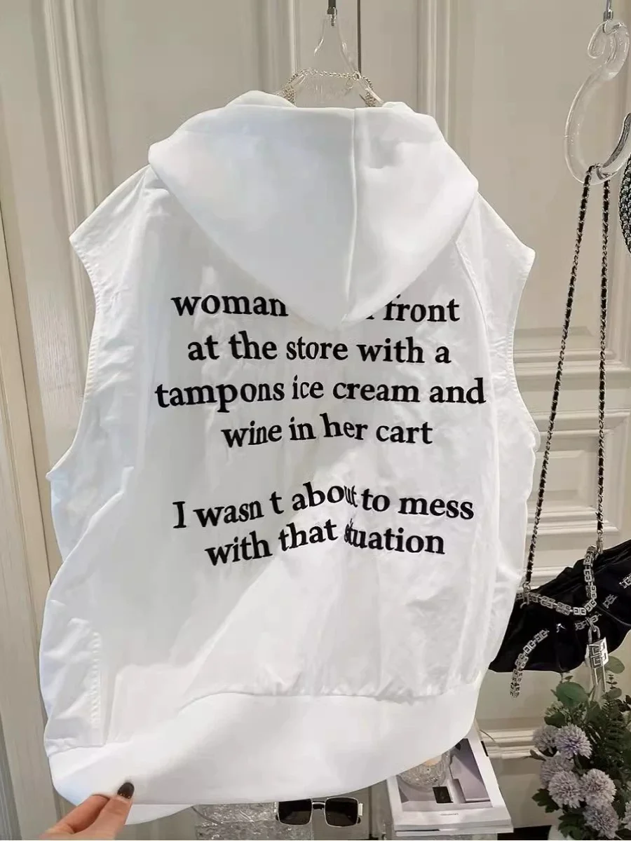 European Goods Plus size 50.00kg Design Sense Print Hood Loose Slimming Fashion Cardigan Zip-up Vest Outerwear