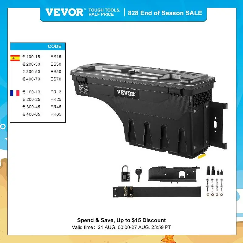 VEVOR Truck Bed Storage Box Passenger Side Lockable Lid Waterproof ABS Wheel Well with Password Padlock Tool Box for Oil Trucks
