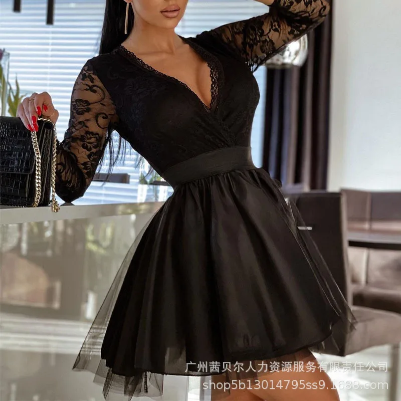 

Sexy V Neck Black Lace Dress Elegant Evening Dresses Temperament Fashion Skirt