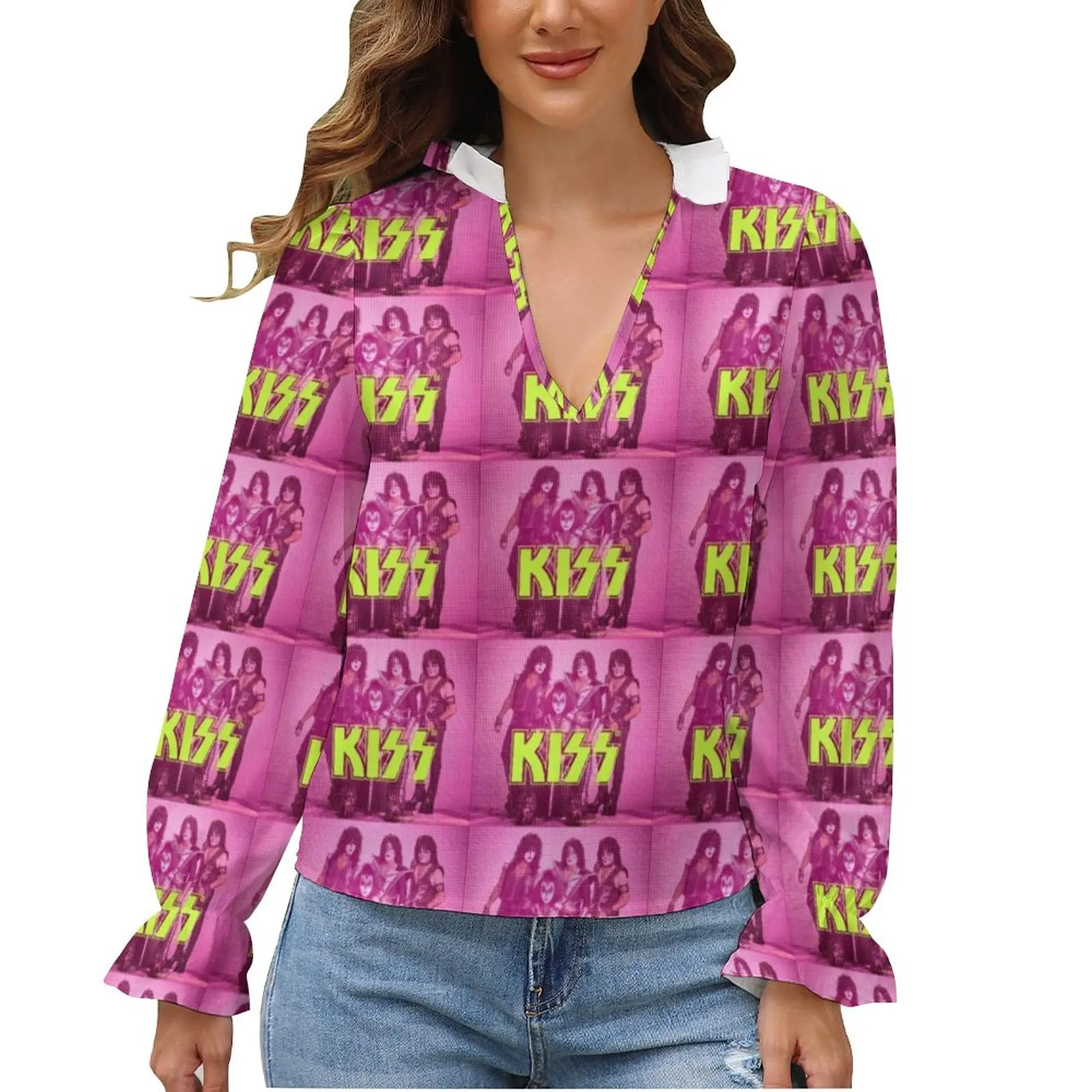 

Kiss Band Blouse Rock Ruffled Plus Size Office Woman Shirt Sexy V Neck Shirts