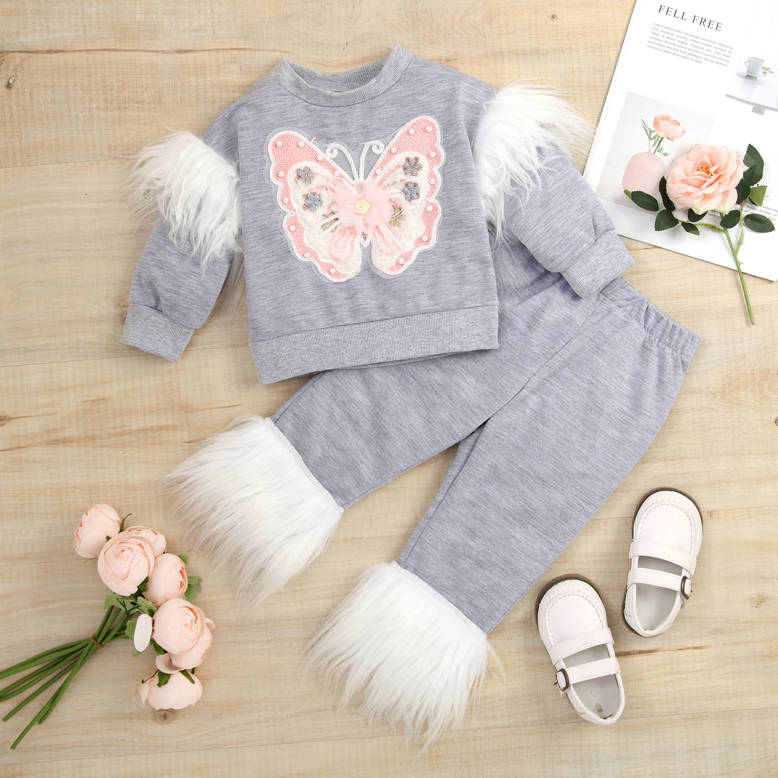 

Комплект из двух предметов для маленьких девочек, Топ с длинным рукавом и круглым вырезом с вышивкой бабочки + длинные брюки с эластичной талией и плюшевой отделкой