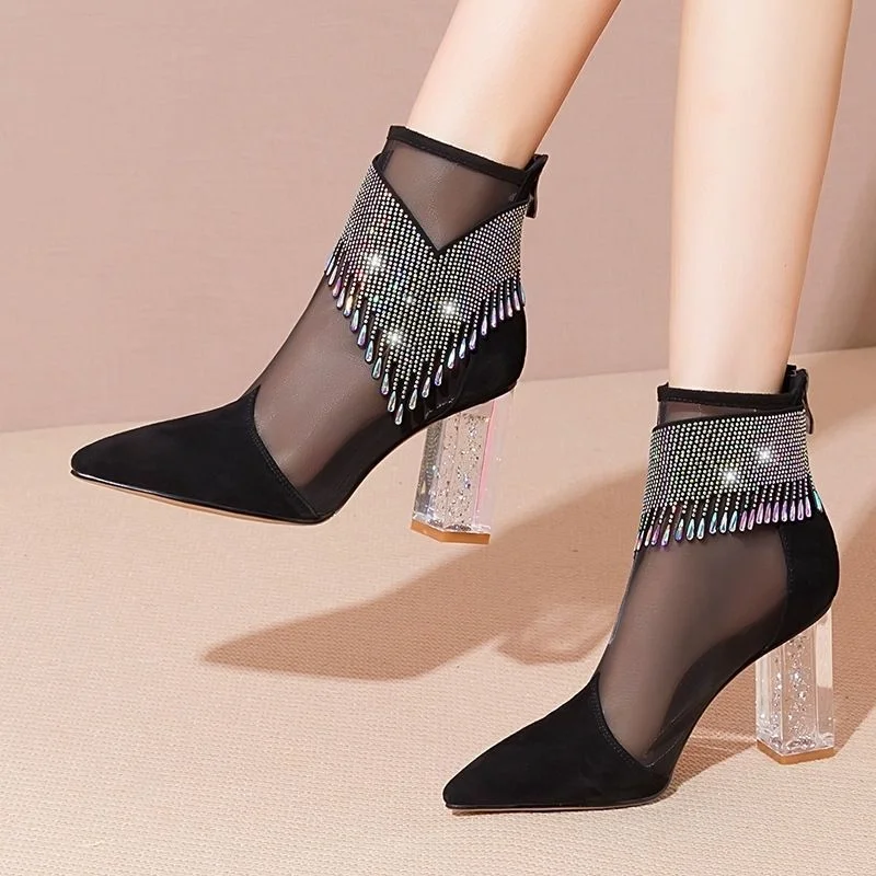 

New Design Crystal Rhinestone Mesh Stretch Fabric Sock Boots Fashion PVC Transparent Pointed Toe Shoes Sexy High Heels