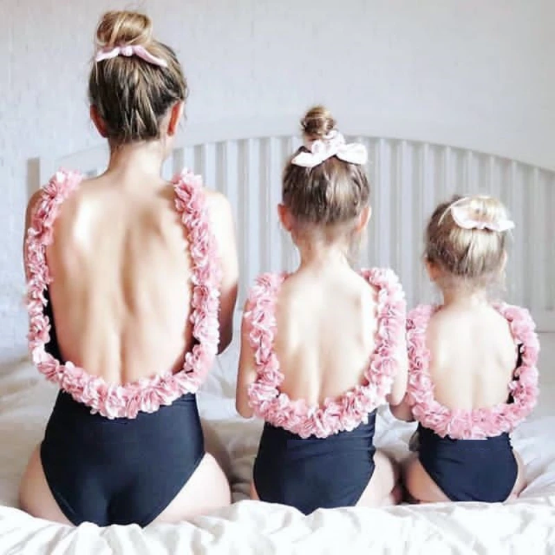 

One Piece Matching Swimsuits Mother Daughter Love Summer Toddler Kids Fashion Backless Ruffled Swimwear Children Beachwear