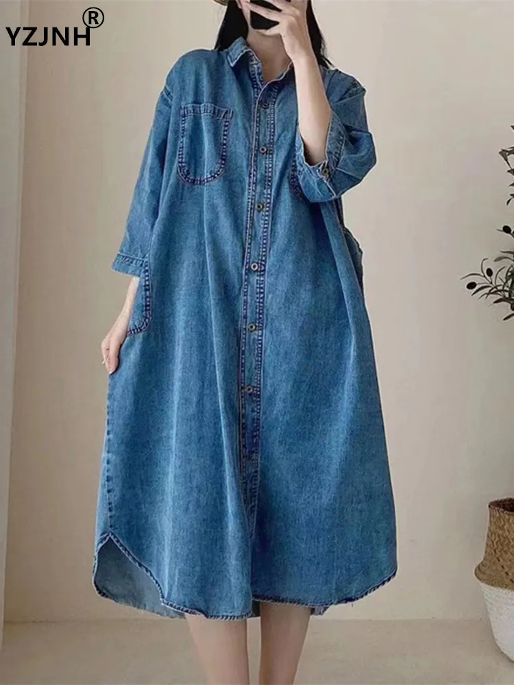 

YZJNH 2023 весенняя одежда Корейская версия Новинка большое женское длинное джинсовое платье свободное Ретро джинсовое платье с лацканами